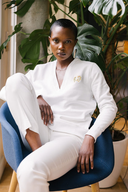 Sweat col V - Femme - Blanc