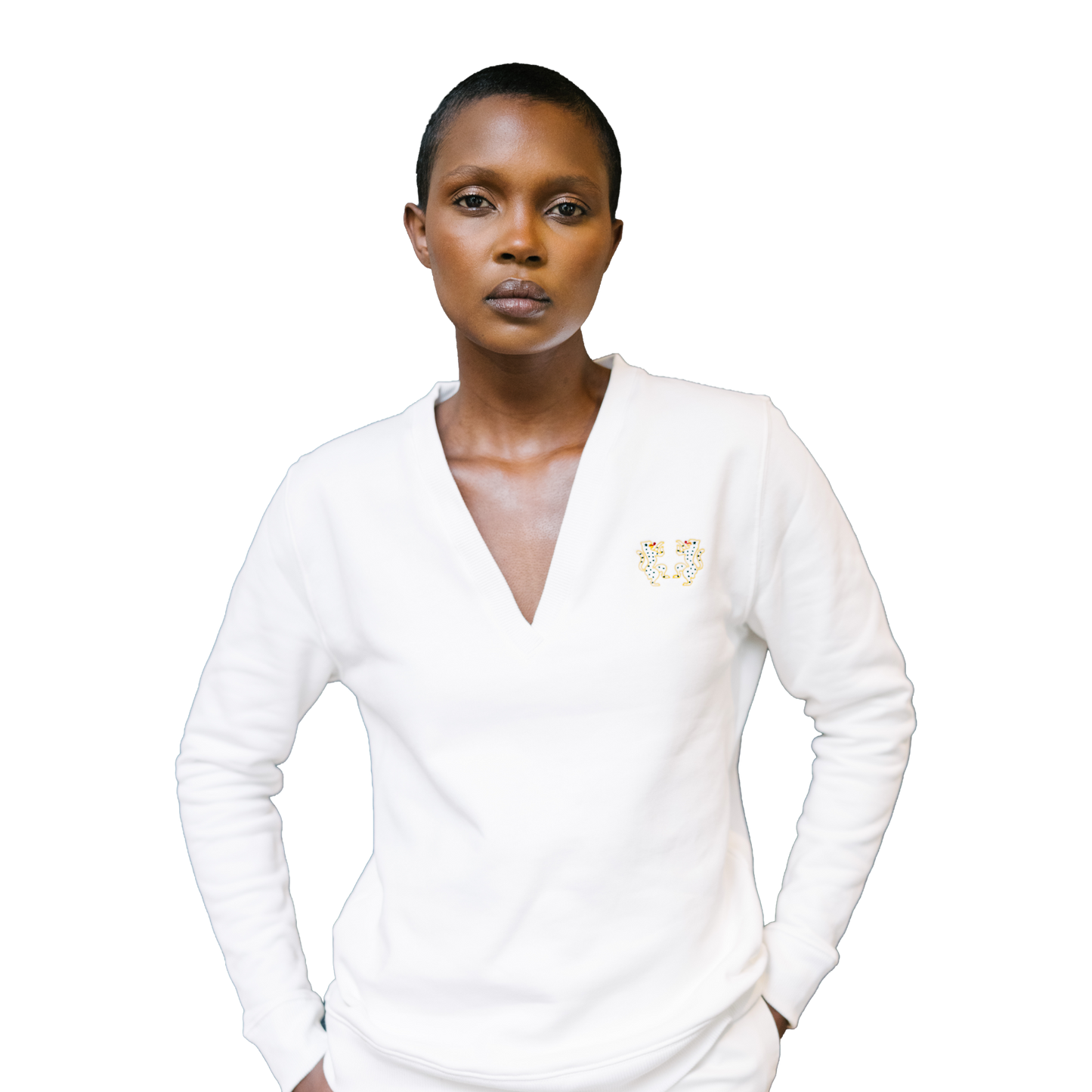 Sweat col V - Femme - Blanc